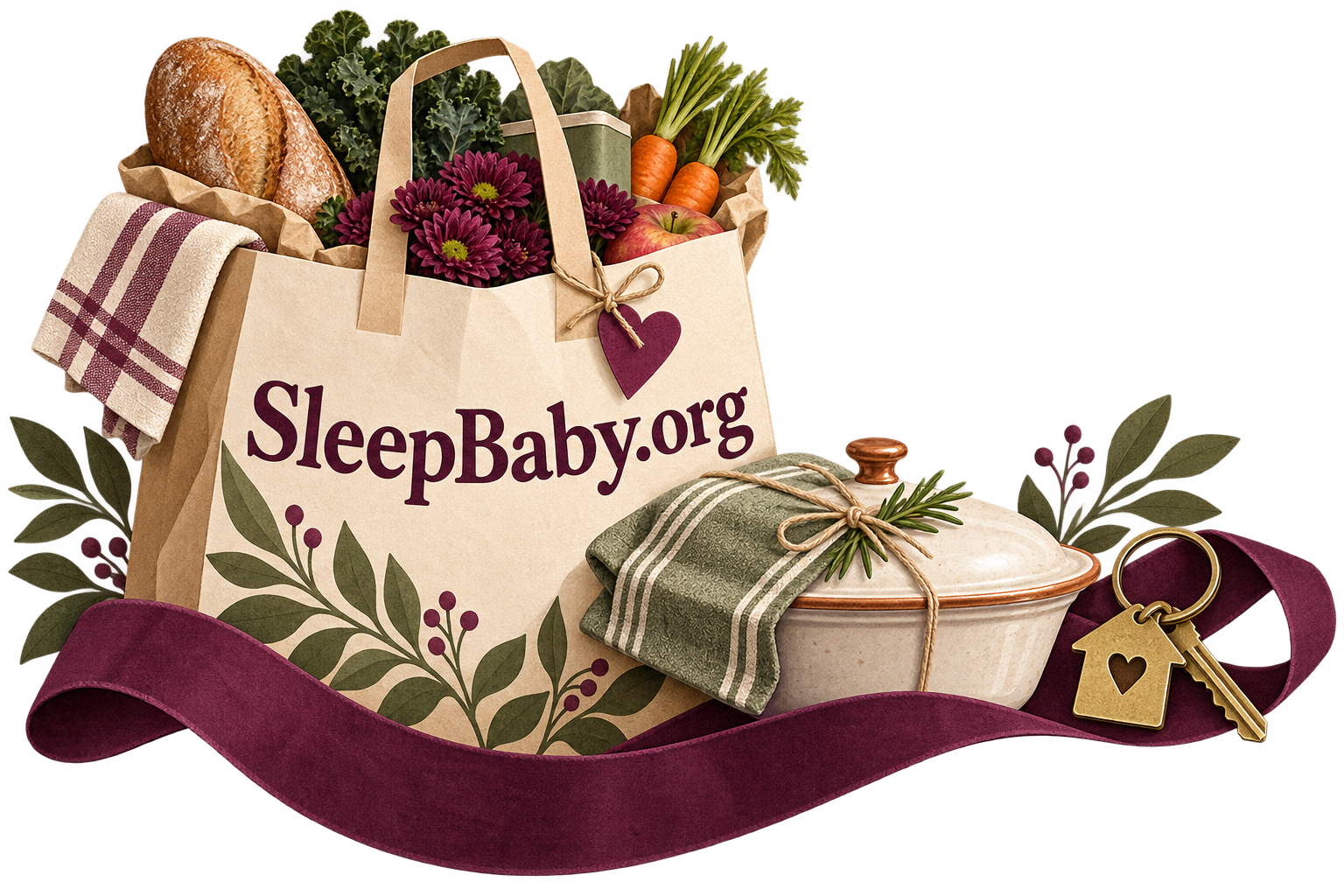 Transparent grocery bag, covered dish, keys and mulberry ribbon; SleepBaby.org on the bag.
