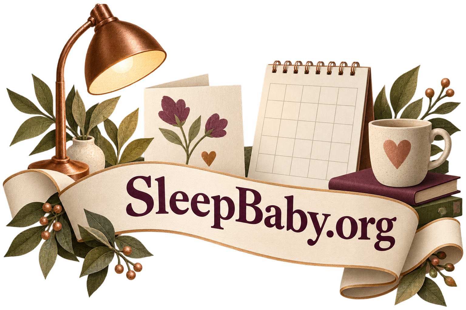 Transparent lamp, blank calendar, card and cup above a SleepBaby.org paper banner.