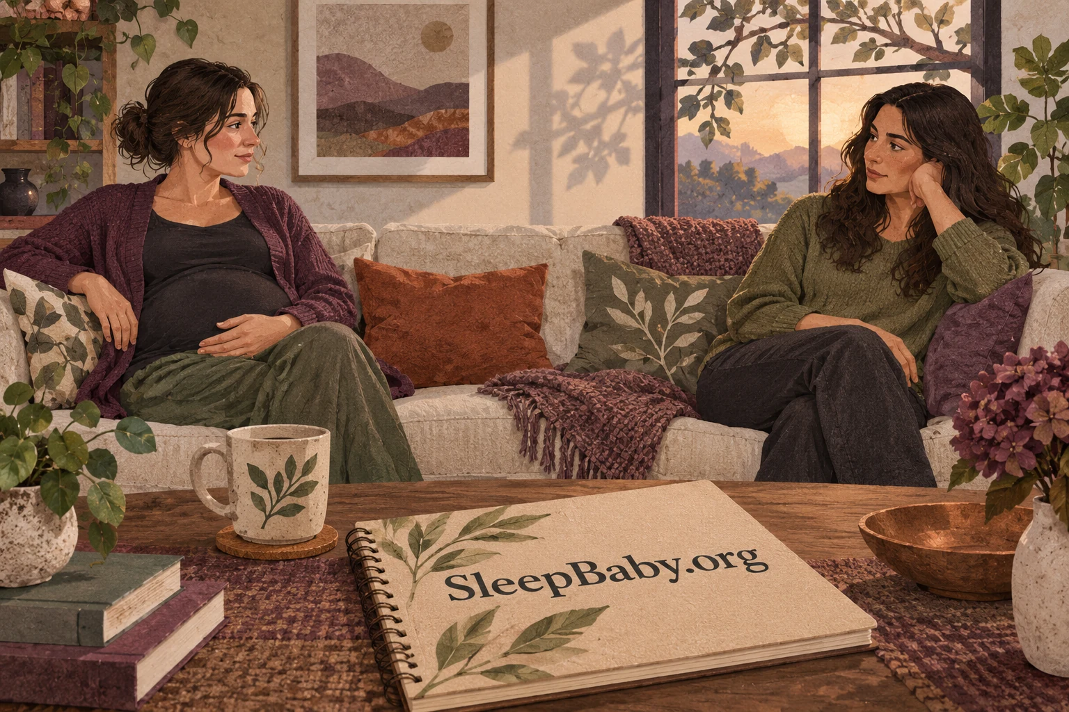 Imagined pregnant woman and her sister seated apart on a sofa, with a large SleepBaby.org notebook in the foreground.