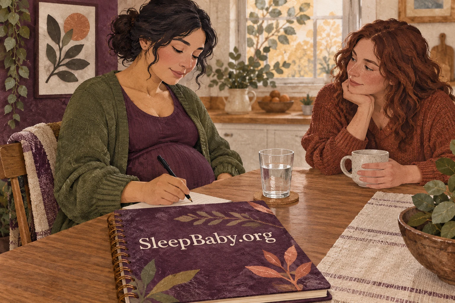 Illustrated pregnant woman writes beside a supportive adult at a kitchen table; foreground notebook reads SleepBaby.org.