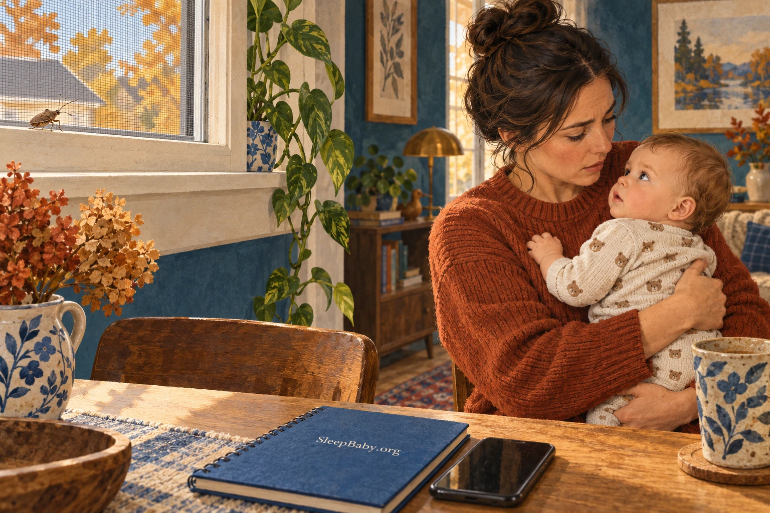Illustration of a parent holding an awake baby near a screened autumn window, with a stink bug on a distant sill.