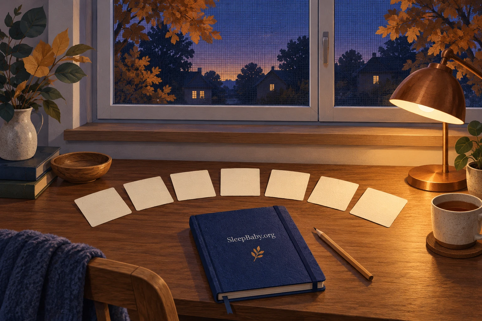 Illustration of seven blank planning cards, a notebook and a lamp below a screened twilight window.