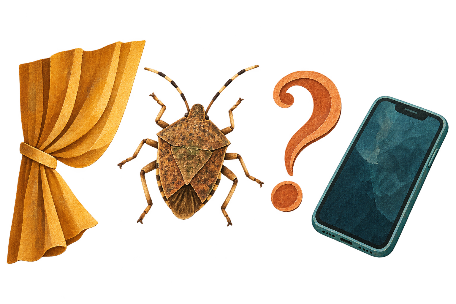 Paper-art curtain, shield-shaped stink bug, question mark and phone.