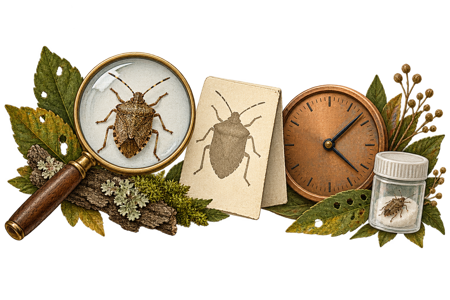 Paper-art magnifier with a stink bug, insect card, clock and specimen container.