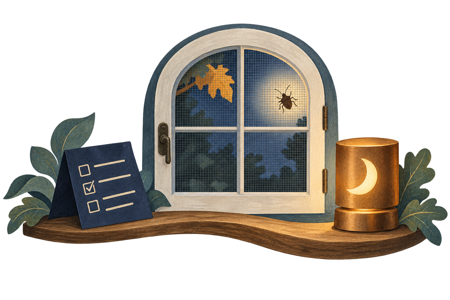Paper-art screened window, observation note and warm moon-shaped nightlight.