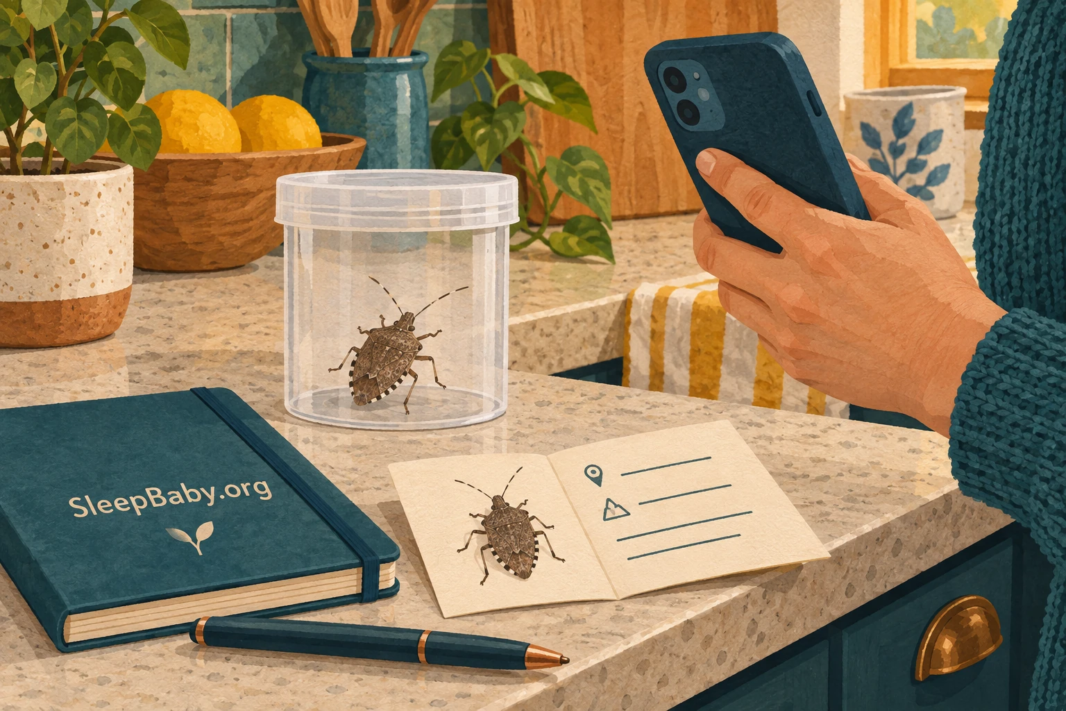 Illustration of a contained stink bug, a phone and a notebook on an adult-height counter.