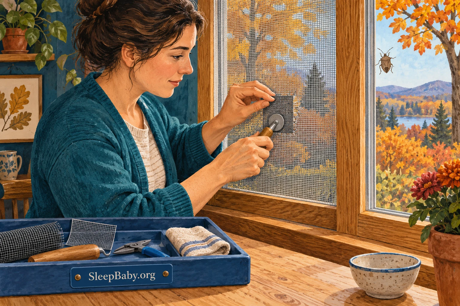 Illustration of an adult repairing window-screen mesh with tools kept on a high tray.
