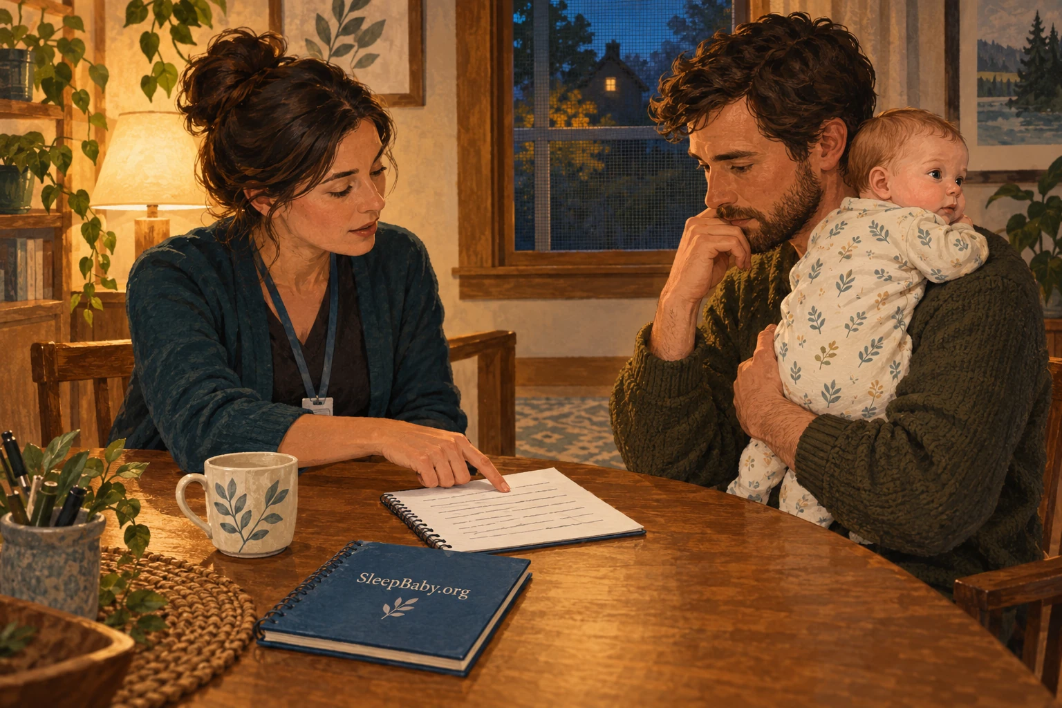 Illustration of two adults reviewing written notes while one safely holds an awake baby.