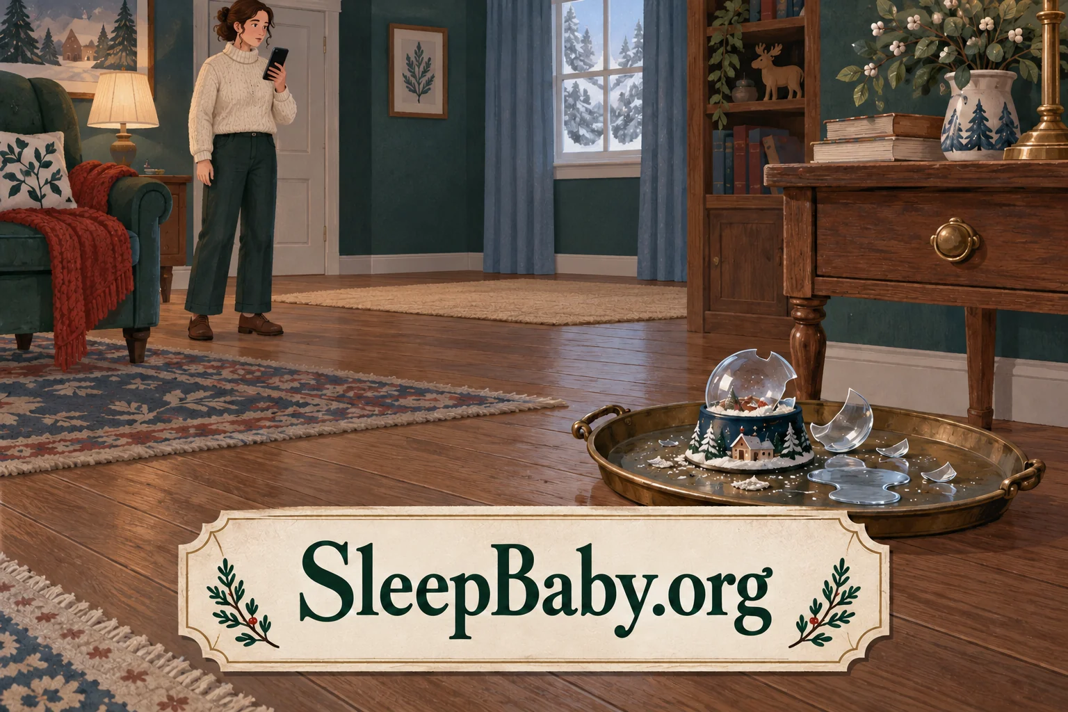 Adult standing away from a broken snow globe while using a phone. SleepBaby.org illustration.
