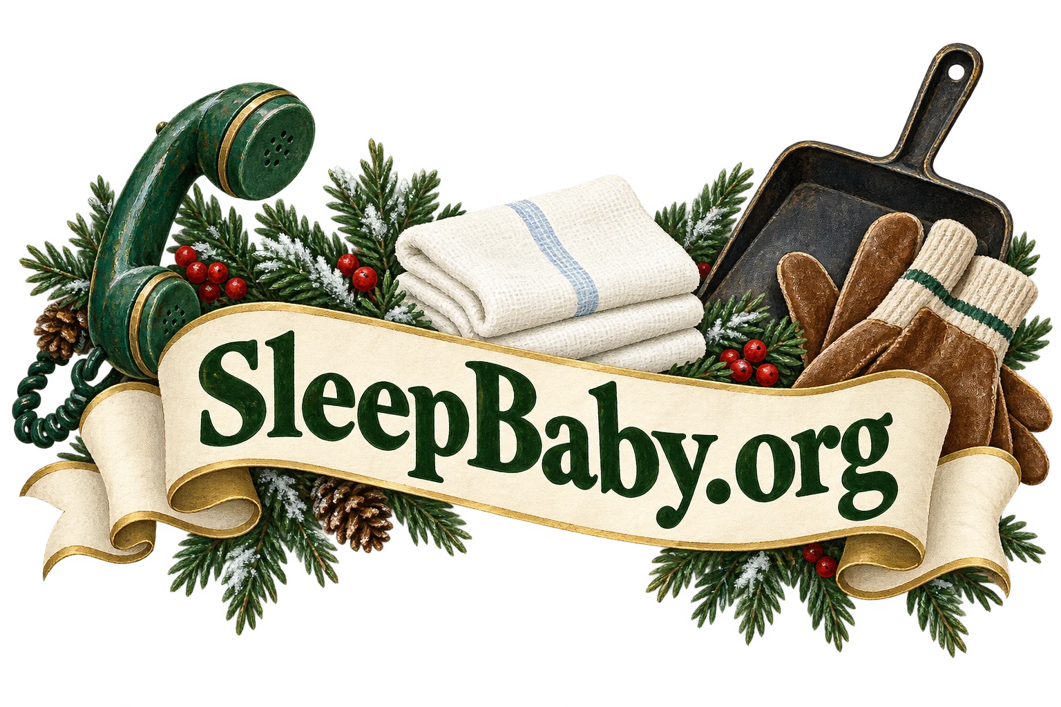 Telephone gauze work gloves and dustpan on an ivory ribbon. SleepBaby.org illustration.