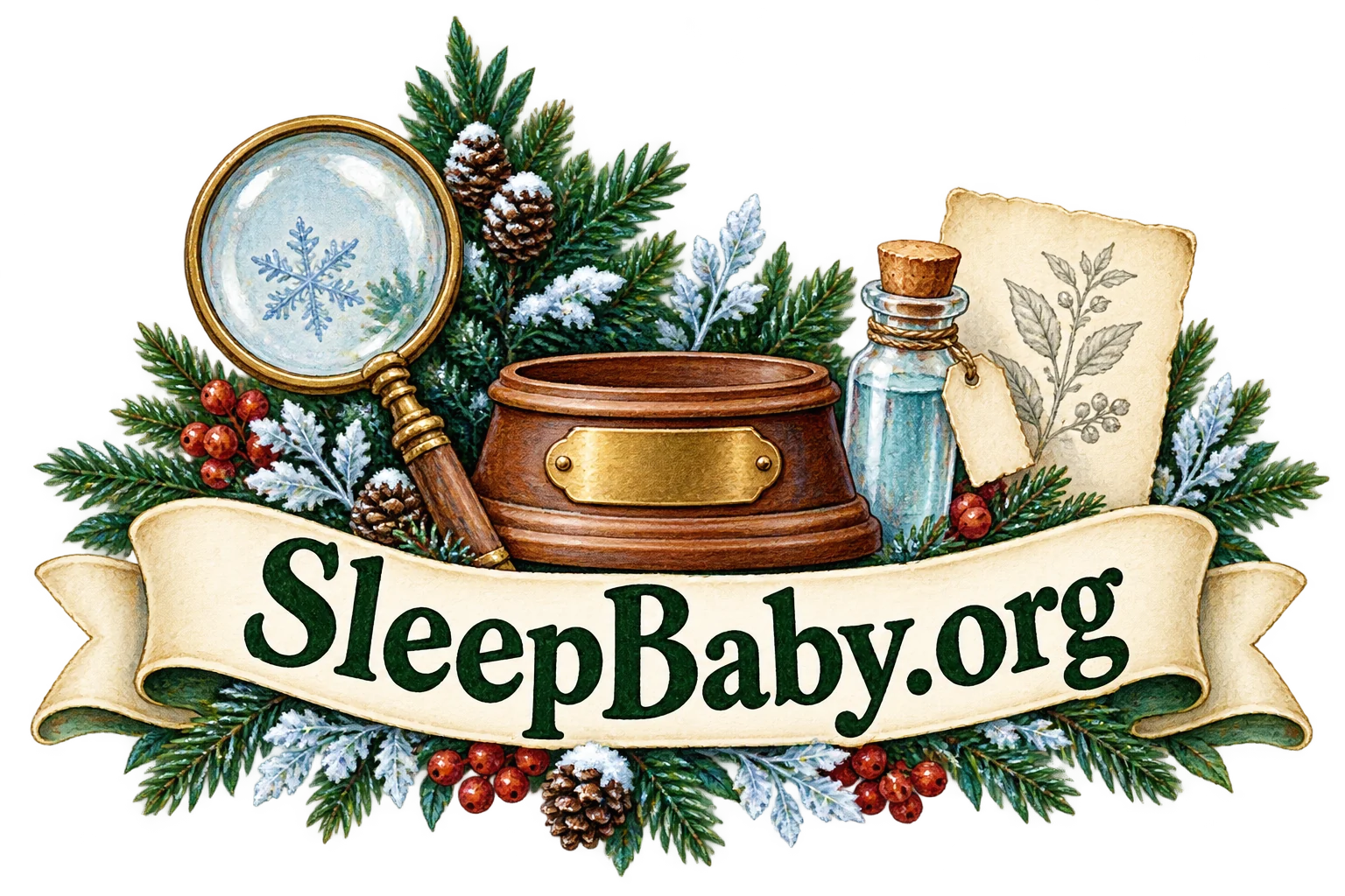 Globe base magnifying glass capped vial and label paper. SleepBaby.org illustration.