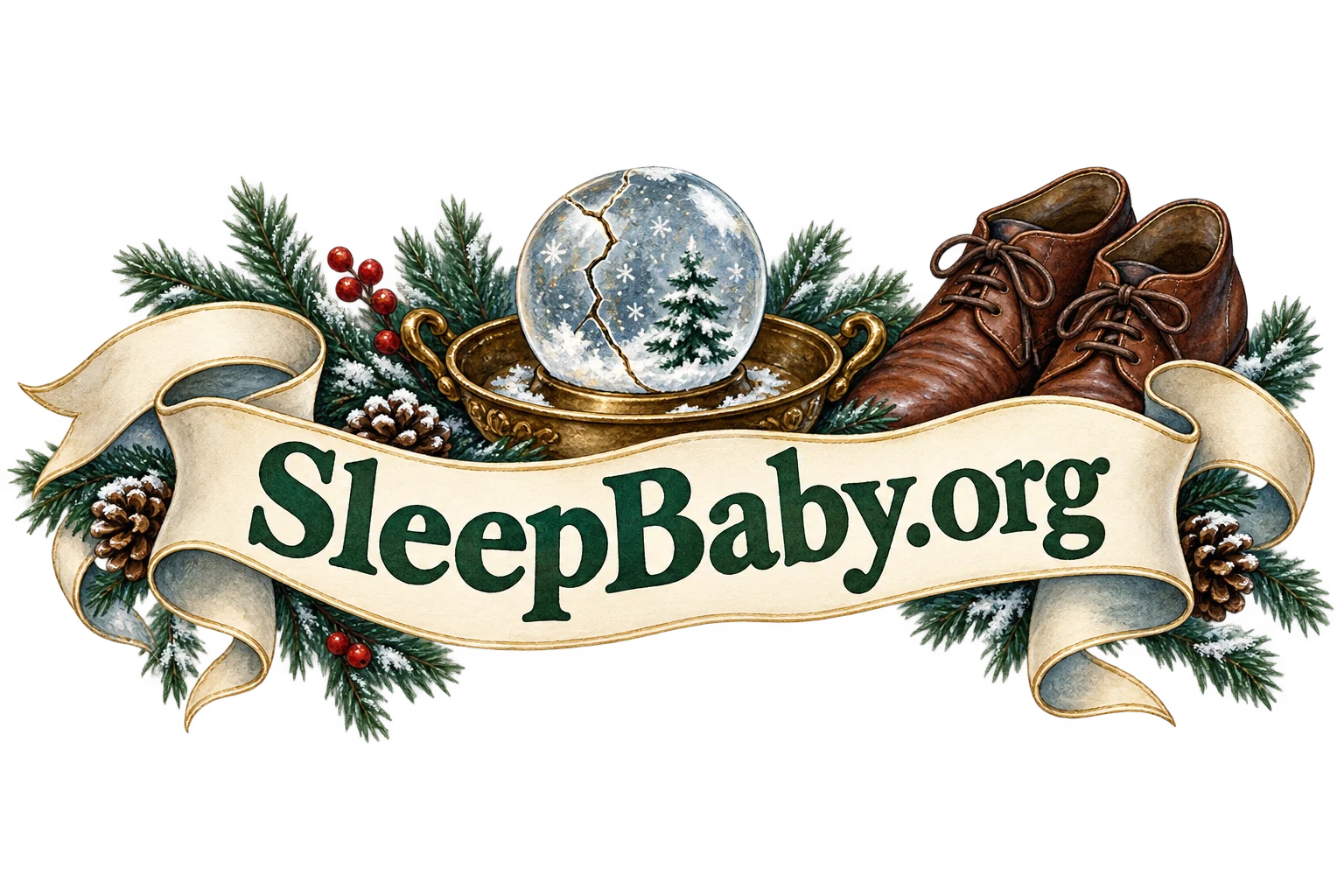 Cracked globe in a tray beside closed shoes and an ivory ribbon. SleepBaby.org illustration.