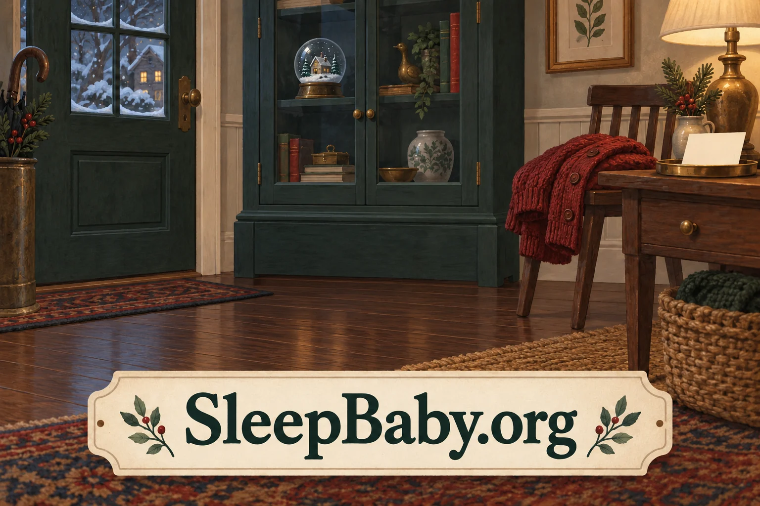 Cleared room with closed display cabinet care note and cardigan. SleepBaby.org illustration.