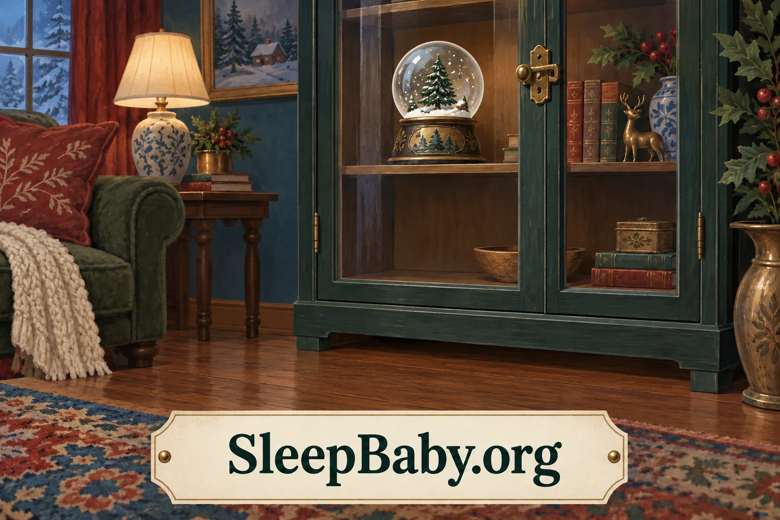 Intact snow globe inside a closed display cabinet. SleepBaby.org illustration.