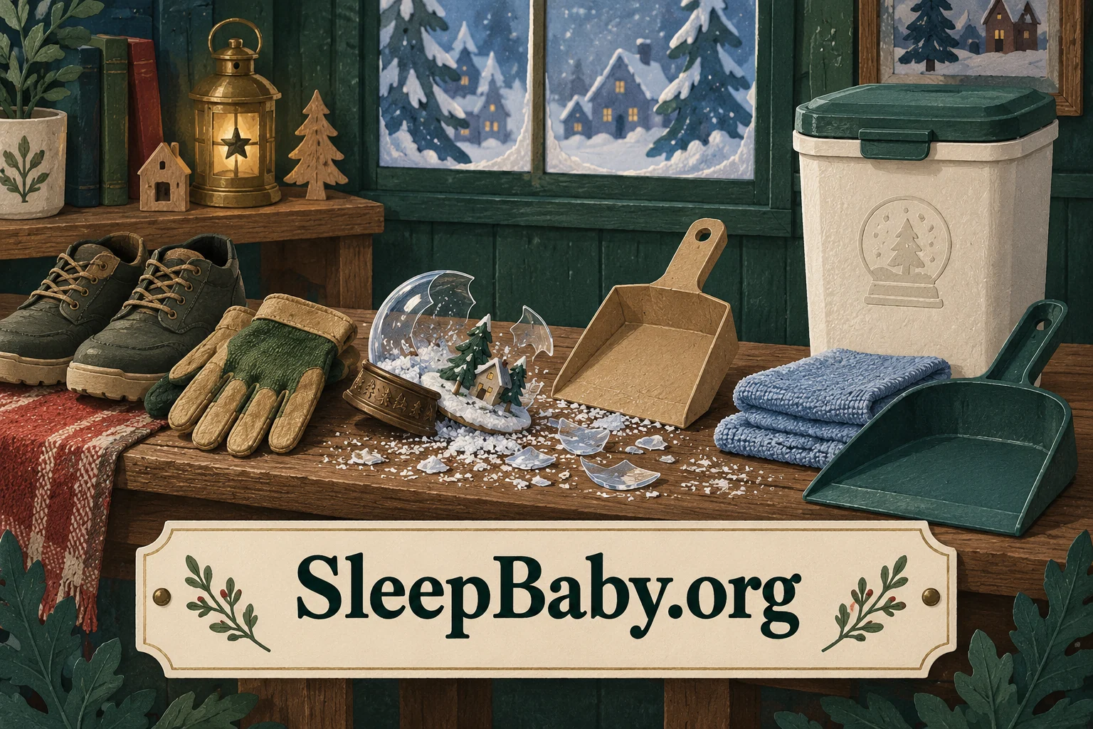 Protective gloves shoes dustpan towels and disposal container beside broken globe. SleepBaby.org illustration.