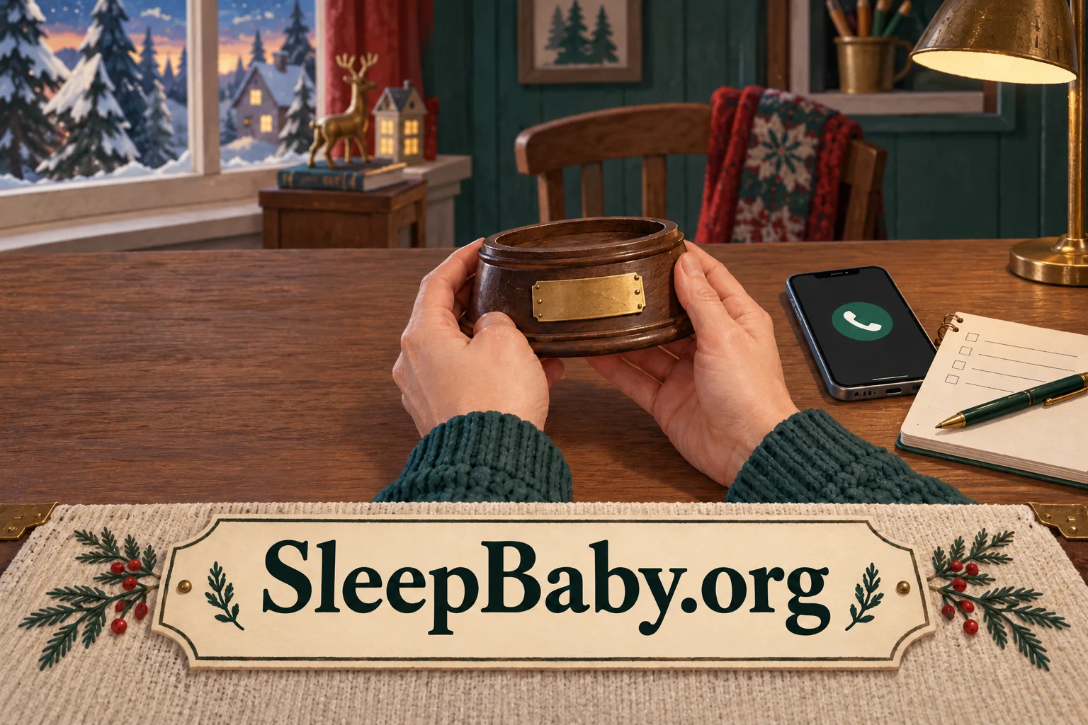 Adult holding a dry wooden globe base beside a phone and note. SleepBaby.org illustration.