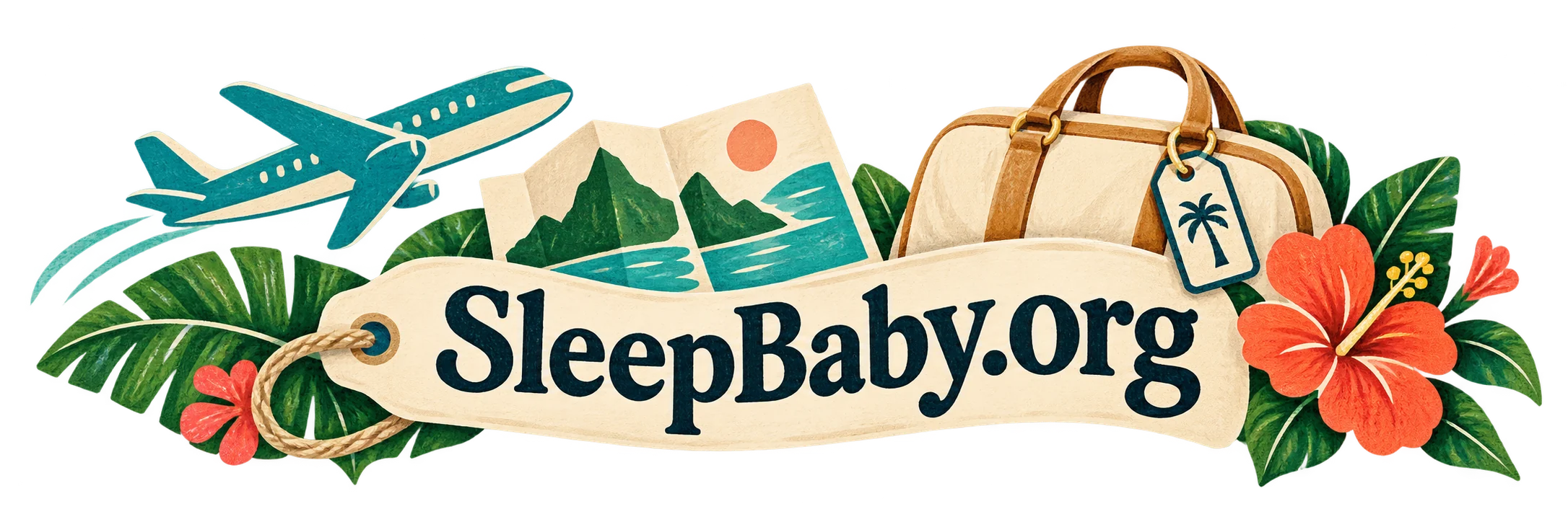 Airplane, abstract island route card and travel bag. SleepBaby.org illustration.