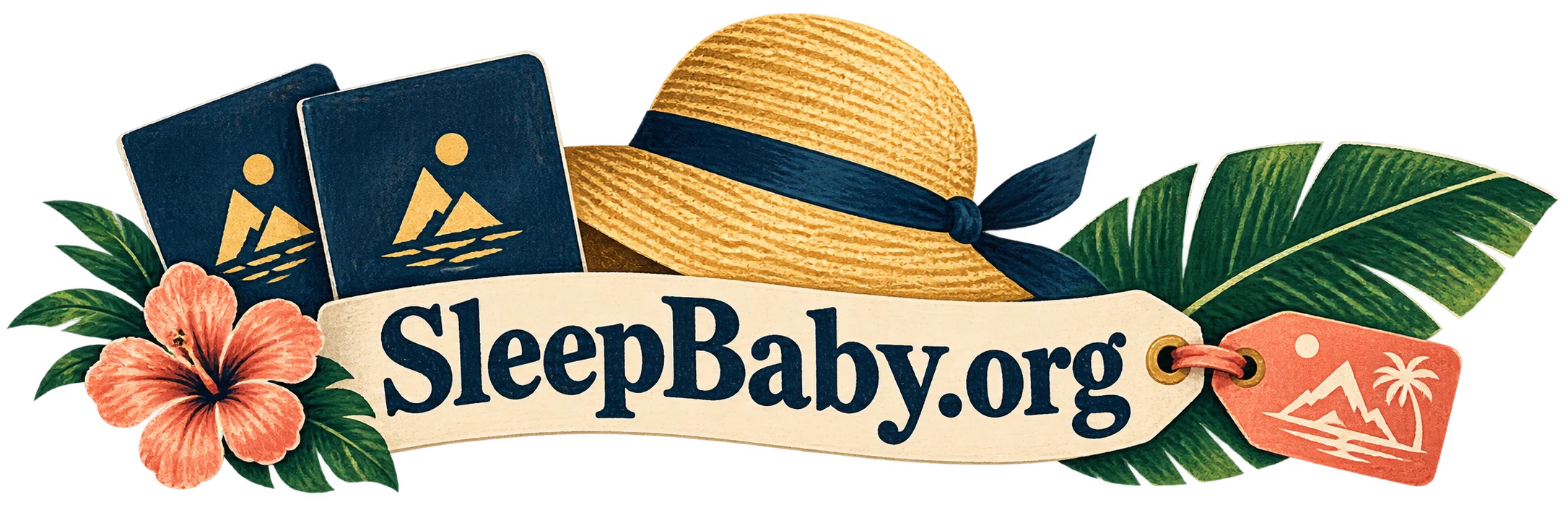 Travel documents, sun hat and luggage label. SleepBaby.org illustration.