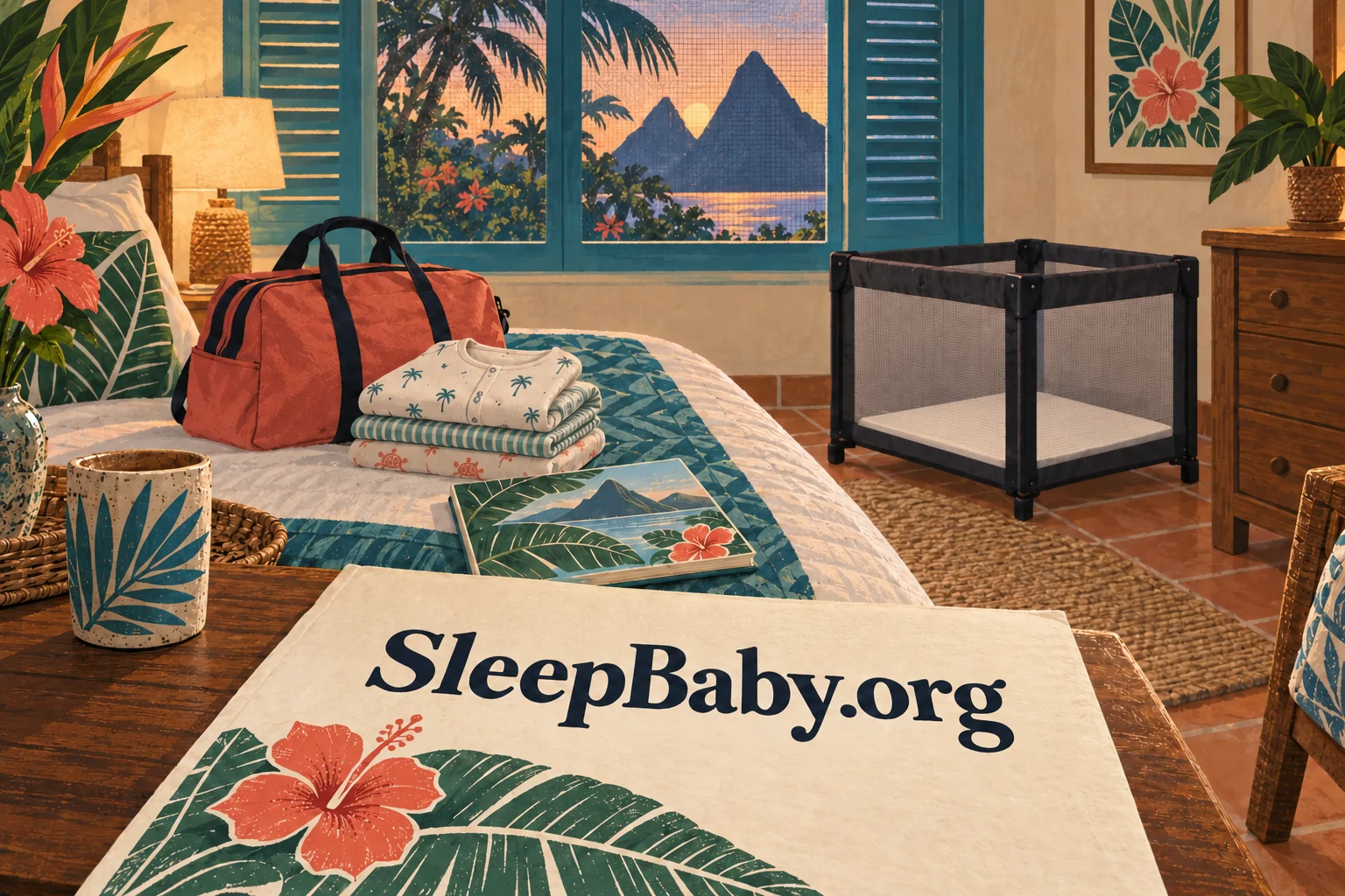 Travel clothes, a closed book and an empty portable crib with a thin fitted floor pad. SleepBaby.org illustration.