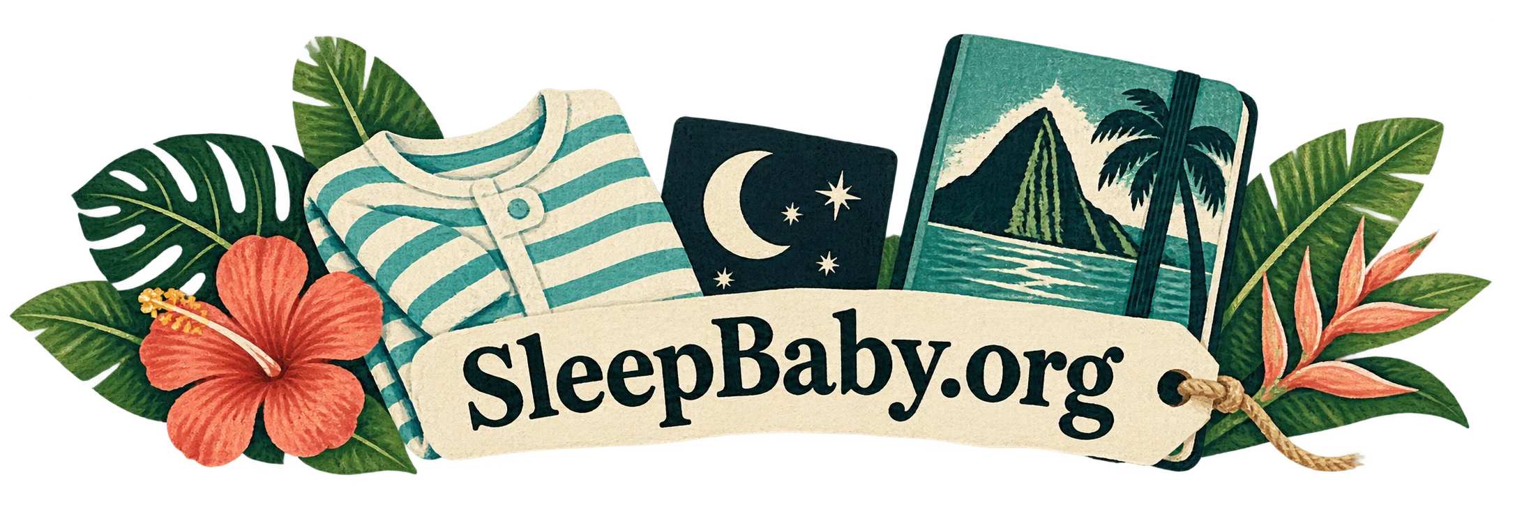 Folded sleep clothing, moon card and travel notebook. SleepBaby.org illustration.