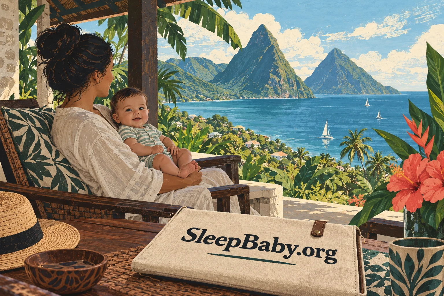 Parent holding an awake baby on a shaded veranda overlooking Saint Lucia's Pitons. SleepBaby.org illustration.
