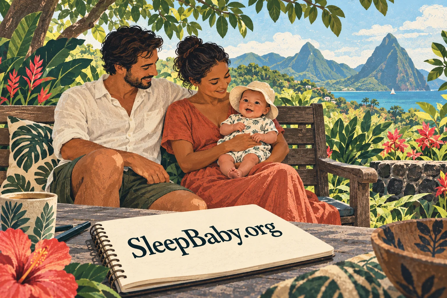 Parents holding their awake baby during a shaded garden pause. SleepBaby.org illustration.