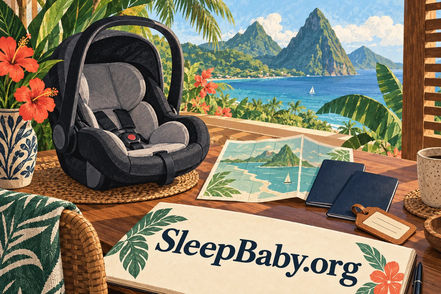 Empty infant car seat, blank travel documents and an island planning card. SleepBaby.org illustration.