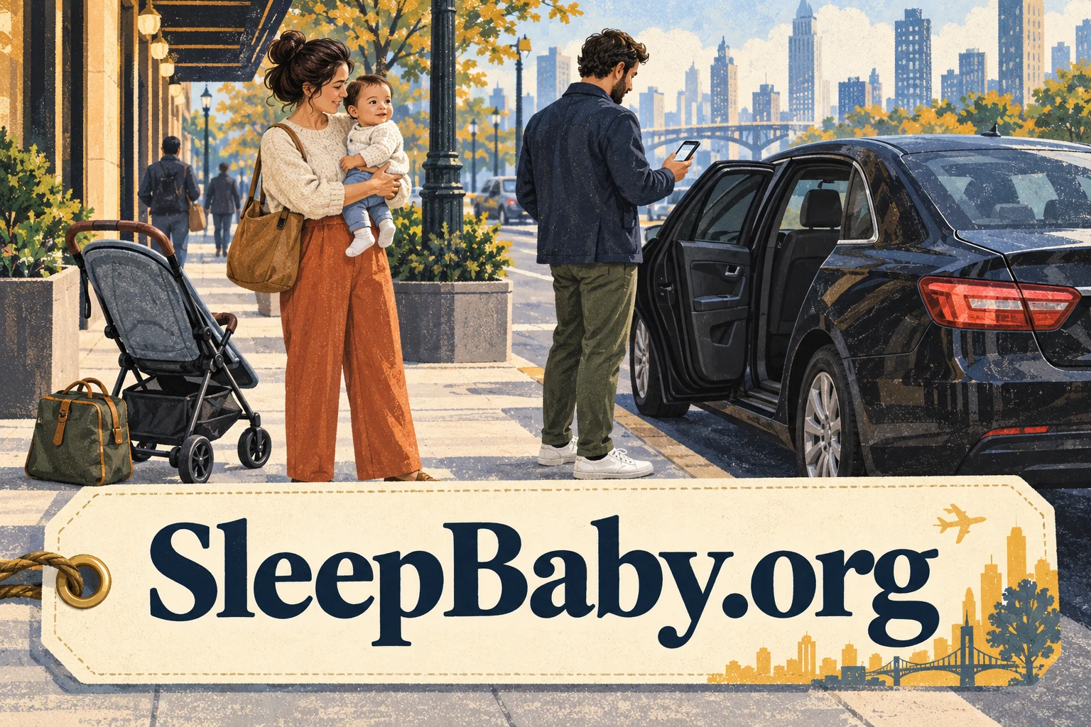 A caregiver holds a baby on the sidewalk while another checks a parked car beside an empty stroller.