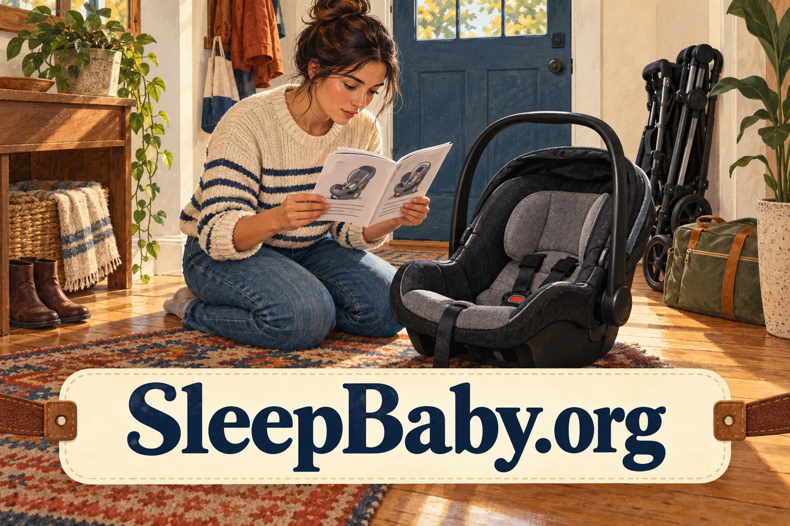An adult reads a manual beside an empty infant car seat on the entryway floor.